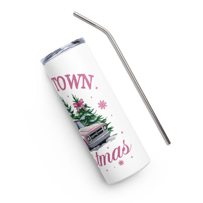 Small Town Christmas Pink Truck Stainless steel tumbler